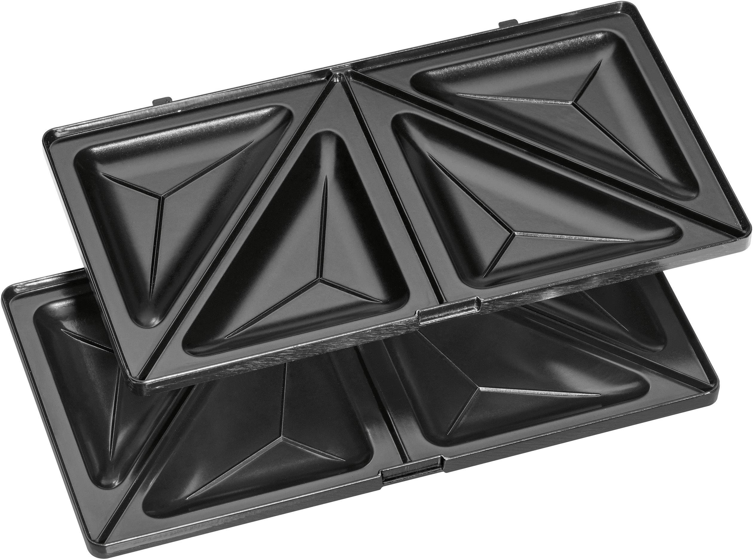 Een tosti-ijzer met vier driehoekige vormen voor het roosteren van tosti's, geopend en leeg.