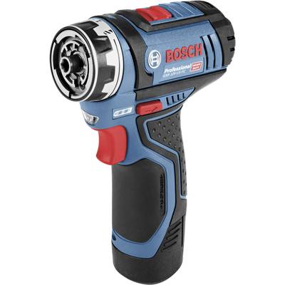 Accuschroefboormachine van Bosch in blauwe en zwarte kleurstelling. Compact ontwerp met rode schakelaar en ergonomische handgreep.