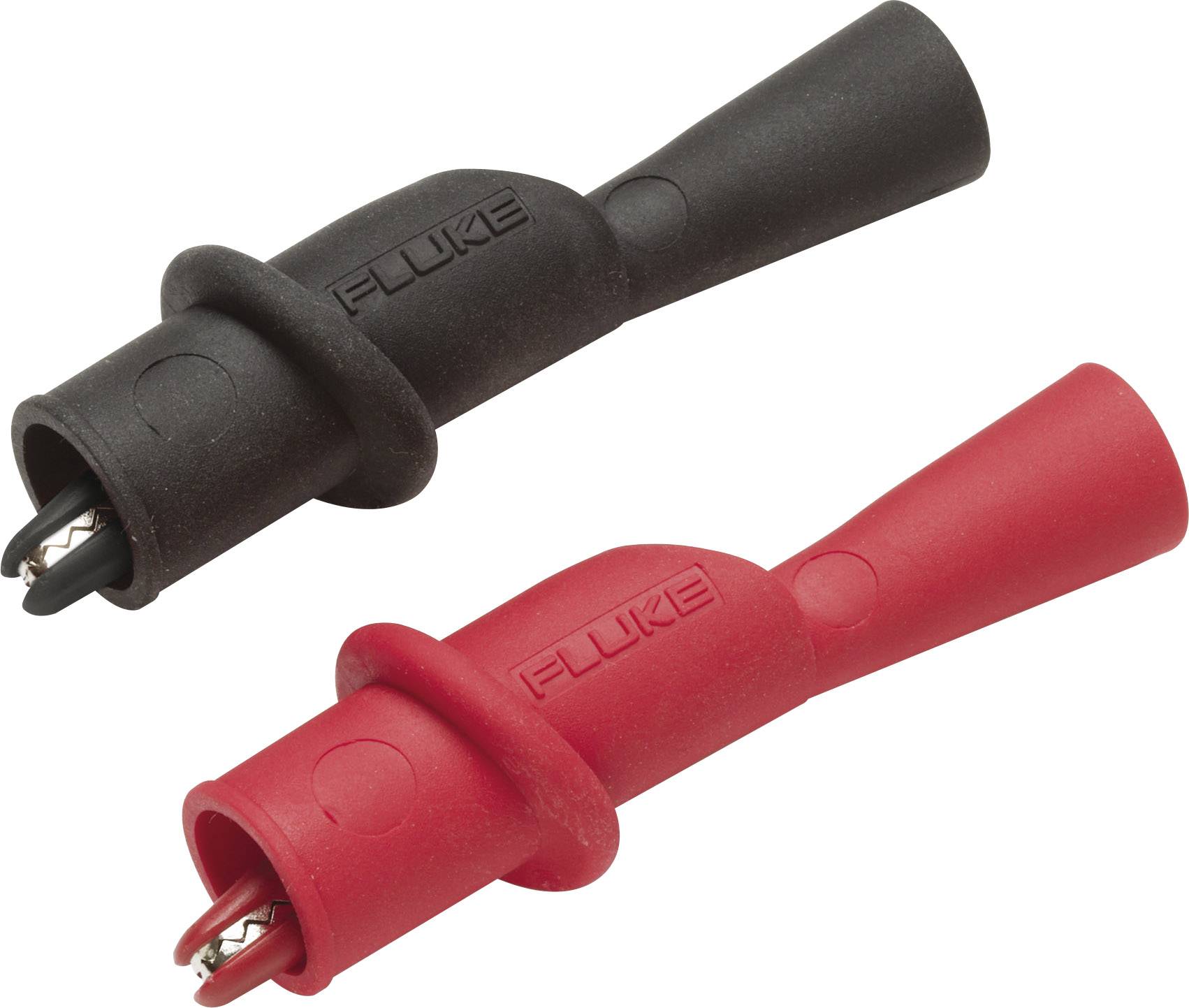 Twee elektrische krokodillenklemmen, een zwart en een rood, met 'Fluke'-opdruk, voor veilige aansluiting bij elektrische metingen.