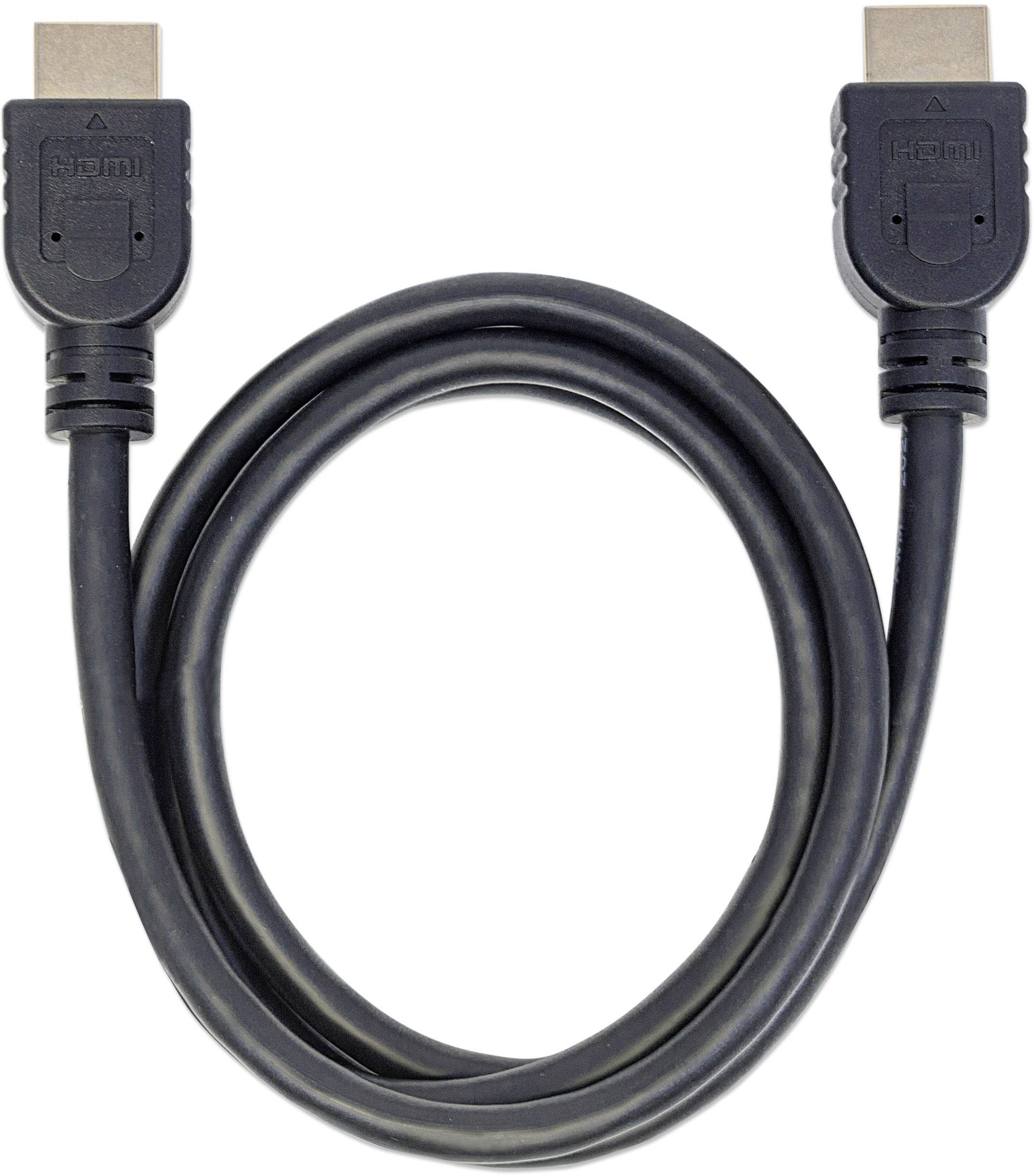 Een zwarte HDMI-kabel met twee HDMI-stekkers aan beide uiteinden ligt in een lus.