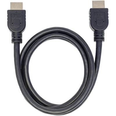 Een zwarte HDMI-kabel met twee HDMI-stekkers aan beide uiteinden ligt in een lus.