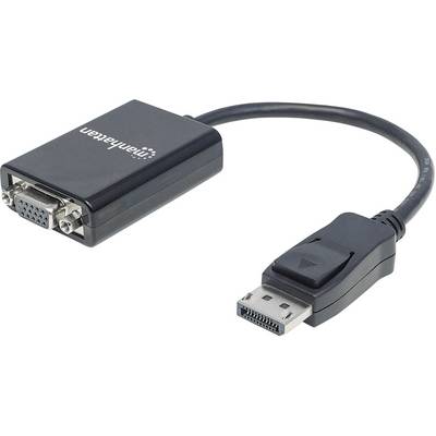 Een zwarte DisplayPort-naar-VGA-adapter van Manhattan, die een computer met een monitor verbindt.