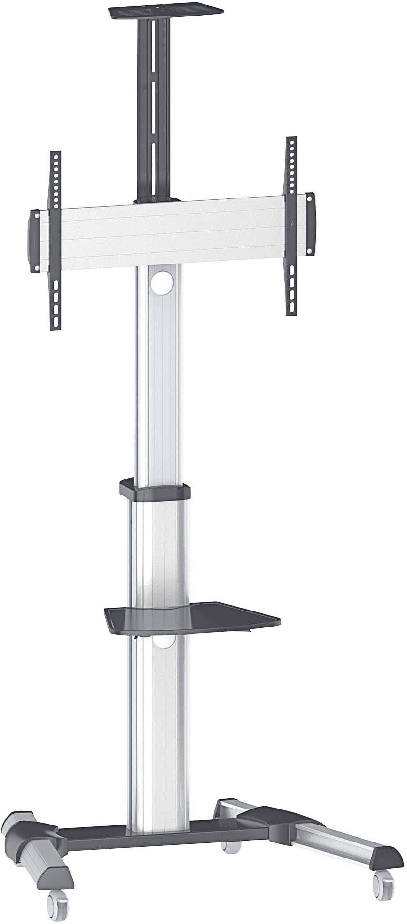 Een mobiele tv-standaard van metaal met wielen, meerdere legplanken en een houder voor flatscreens, geschikt voor presentaties.