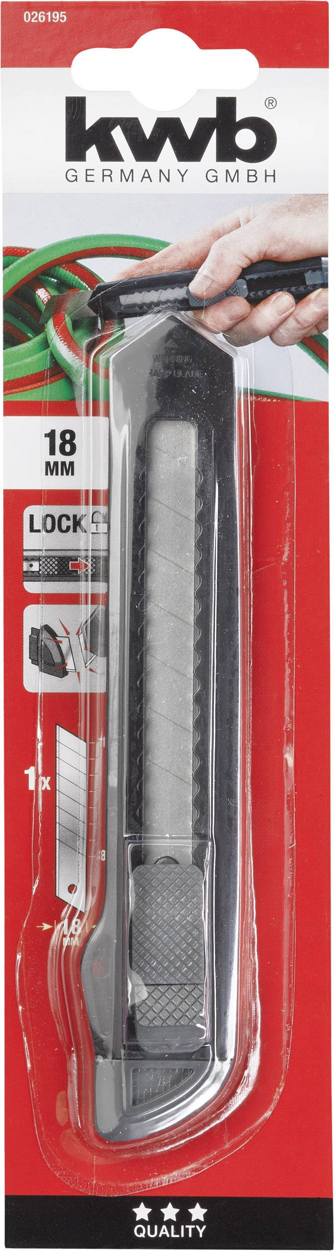 De afbeelding toont een 'KWB' afbreekmes in een rode verpakking. Opschrift: '18 mm vergrendelingssysteem, incl. mes'.