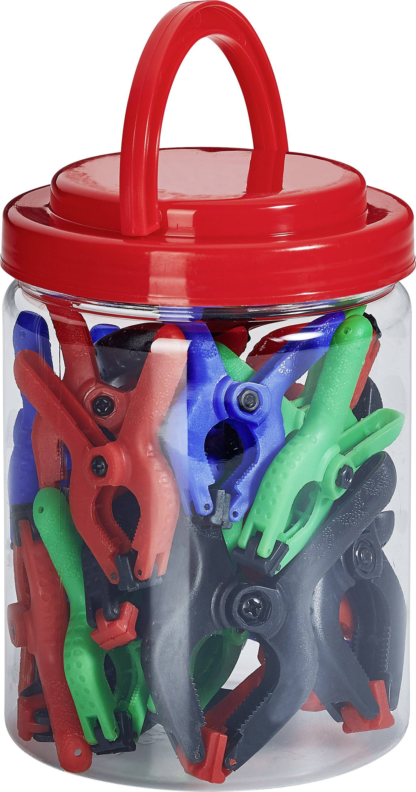 Een transparante container met een rode deksel, gevuld met kleurrijke kunststof paperclips in rood, blauw, groen en zwart.