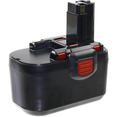 Zwarte accu voor elektrisch gereedschap met rode vergrendelingsknop, geschikt voor draadloze apparaten.