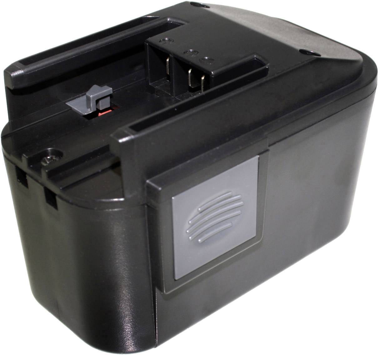 Zwarte accupack met rechthoekige vorm, twee metalen contacten en een grijze sticker aan de zijkant.