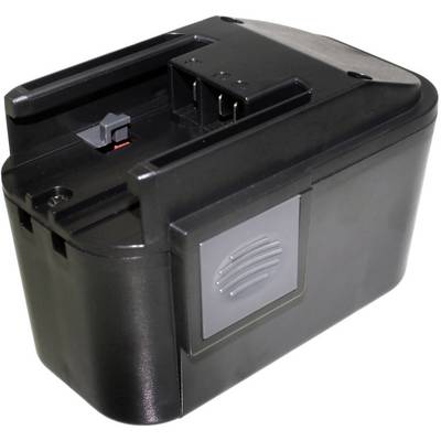 Zwarte accupack met rechthoekige vorm, twee metalen contacten en een grijze sticker aan de zijkant.