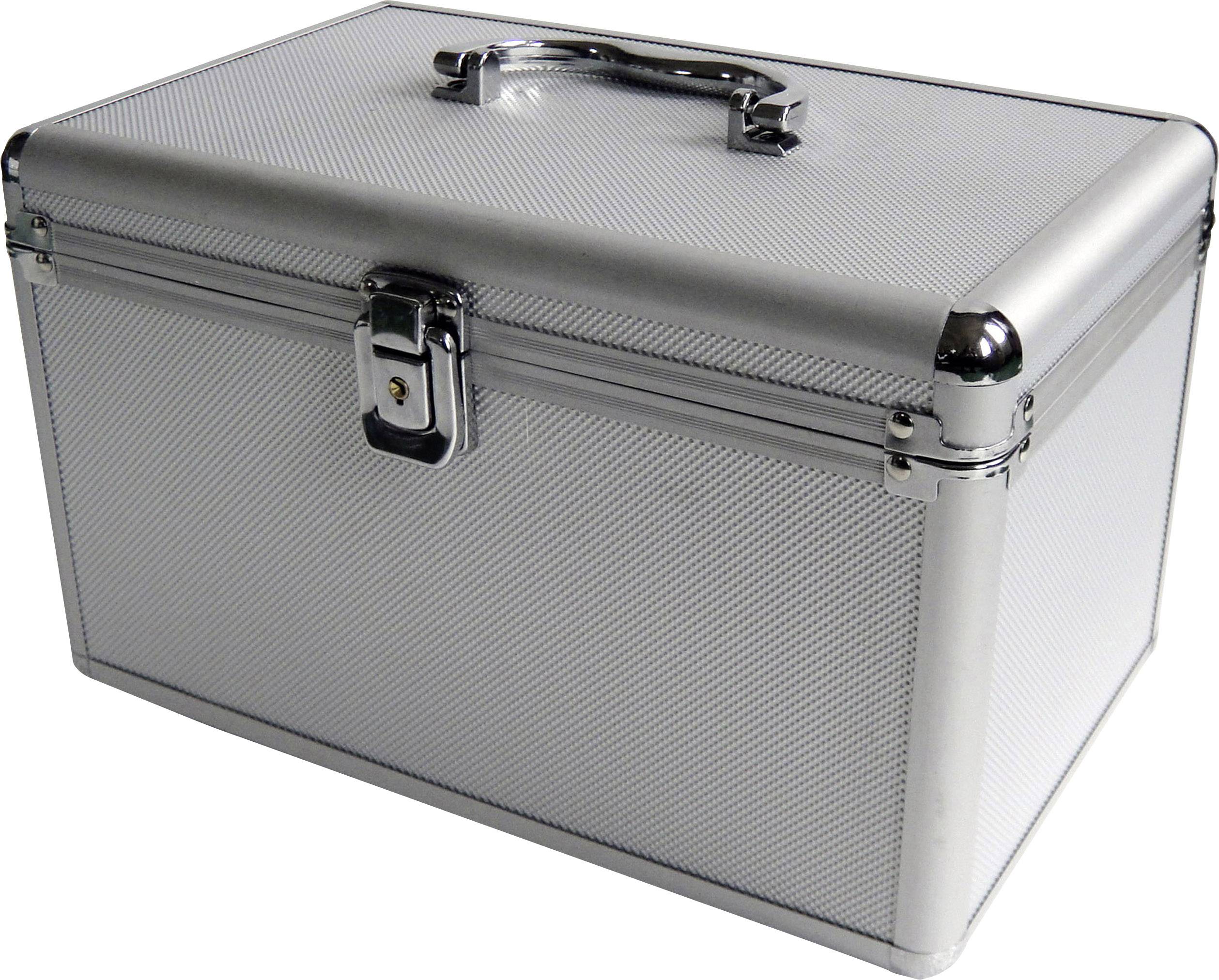 Zilveren, rechthoekige aluminium koffer met handvat en slot, bestemd voor het veilig opbergen van voorwerpen.