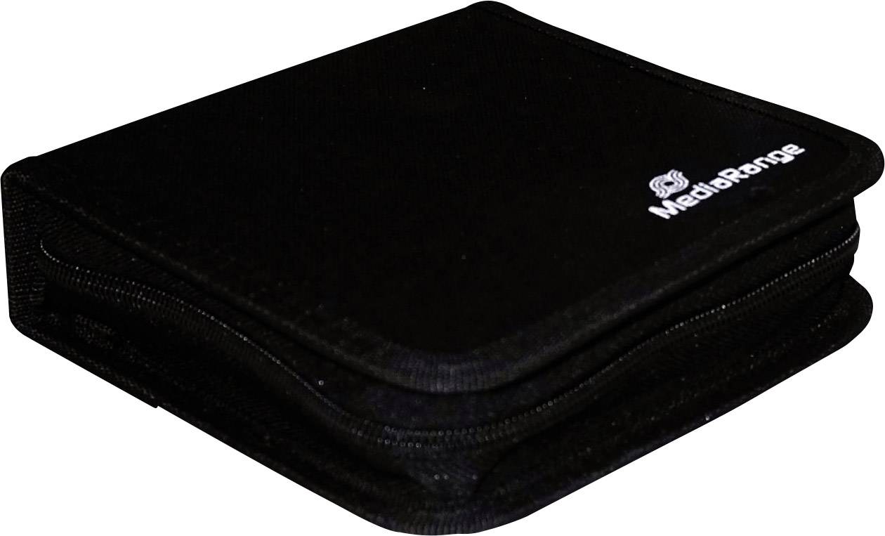 Zwart cd-hoesje met MediaRange-logo op de bovenkant, compact en gesloten.
