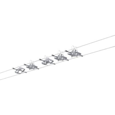 Vijf moderne plafondspots zijn in een rij gemonteerd aan een spanningssysteem. De armaturen zijn van metaal en beschikken over ronde LED-lampen.