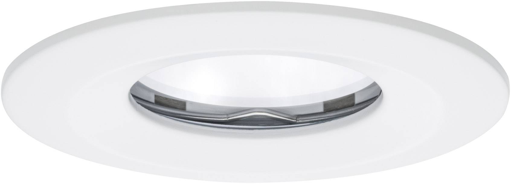 Ronde LED-inbouwplafondlamp met een strak, modern design; witte omlijsting en centrale glazen lens. Geschikt voor binnenruimtes.