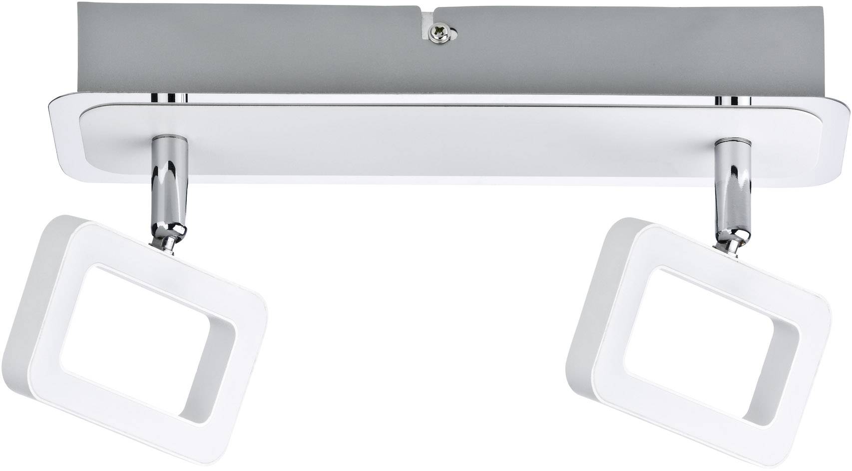 Tweevoudige, moderne plafondlamp in rechthoekige vorm met verstelbare, vierkante LED-spots in wit en chroom.