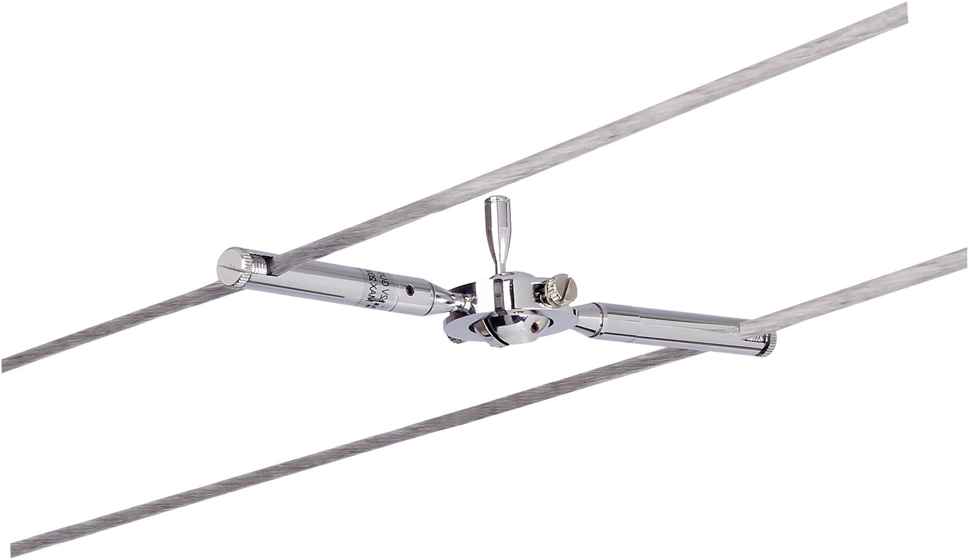 Een metalen apparaat verbindt twee parallelle kabels in een open ruimte met een verstelbaar mechanisme in het midden.