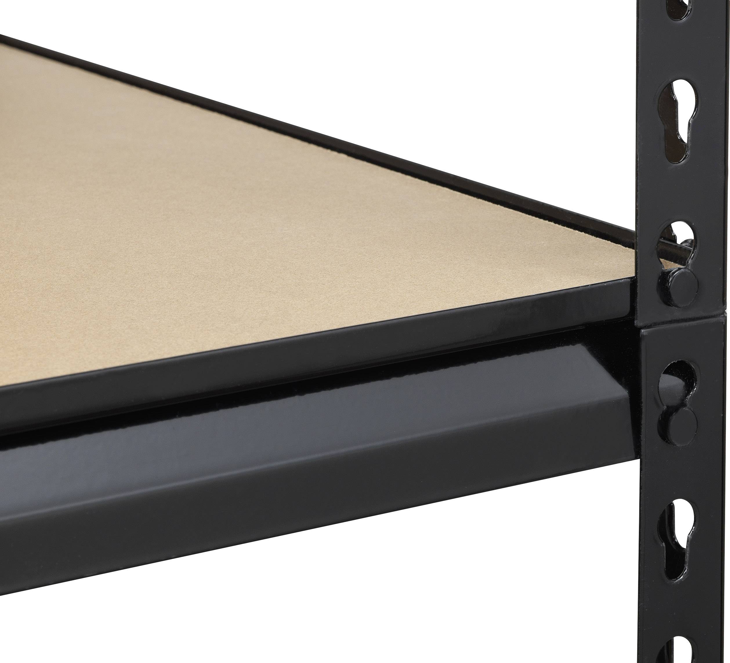 Een zwart metalen rek met een plank van spaanplaat. Het rek toont delen van het frame met gaten voor hoogteaanpassing.