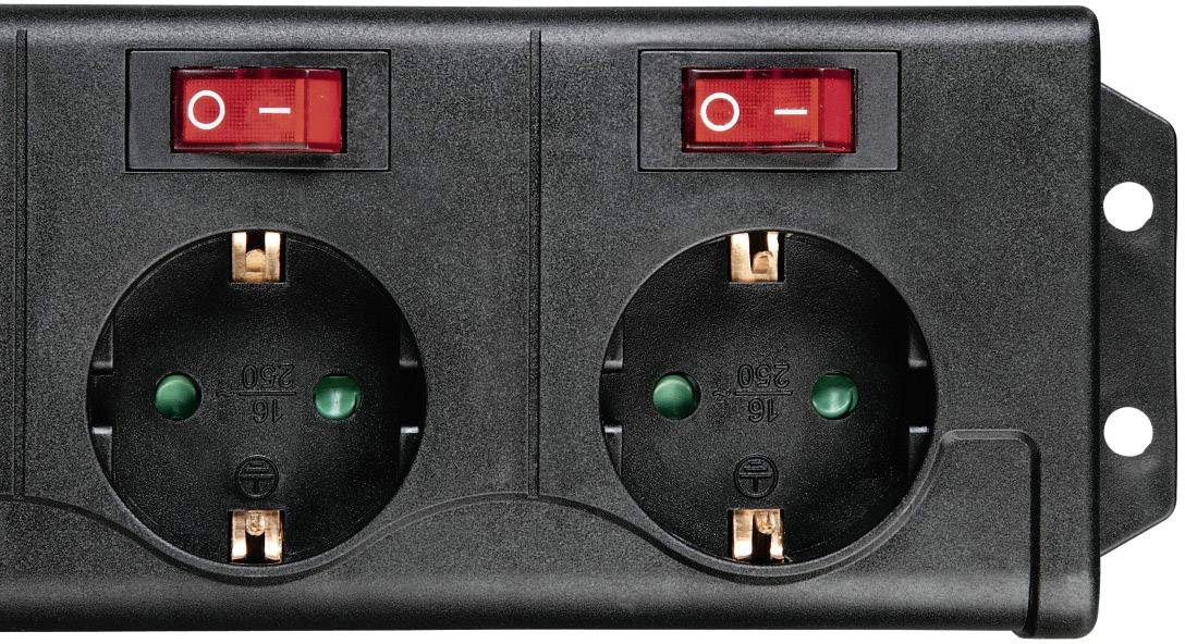 Een zwarte dubbele wandcontactdoos met twee rode aan/uit-schakelaars, geschikt voor Europese Schuko-stekkers.