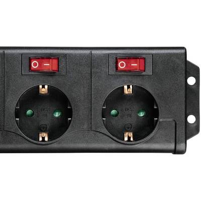 Een zwarte dubbele wandcontactdoos met twee rode aan/uit-schakelaars, geschikt voor Europese Schuko-stekkers.