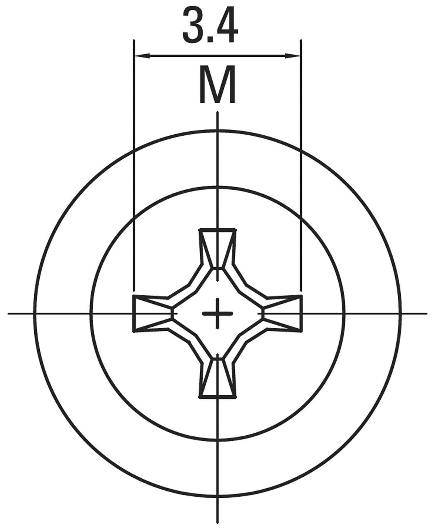 Technische tekening van een schroefaanzicht van bovenaf. Diameter 3,4 M. Bevat een kruissleuf patroon in het midden.