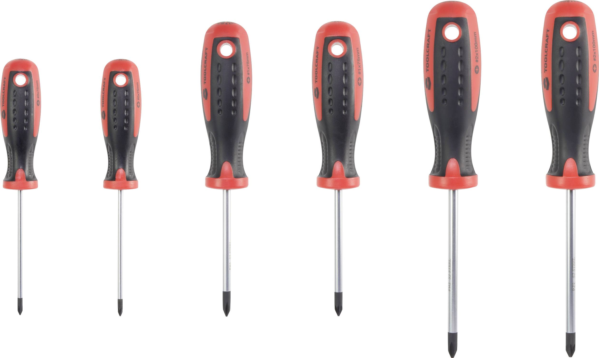 Zes schroevendraaiers in verschillende maten, allemaal met rood-zwarte handgrepen.