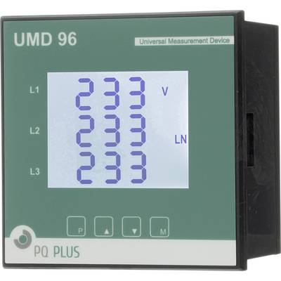 Meetapparaat 'UMD 96' toont spanningen voor L1, L2, L3, respectievelijk 233V, met bedieningsknoppen. Behuizing met groene rand.