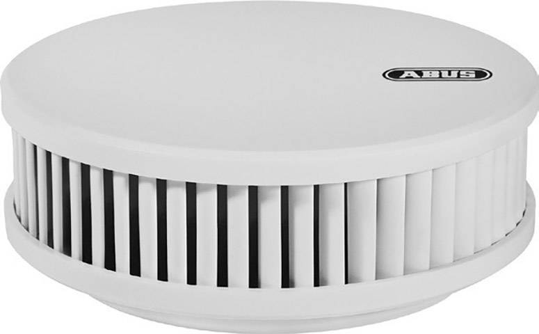 Een ronde, witte rookmelder met zijdelingse ventilatiesleuven en een Abus-logo bovenaan.