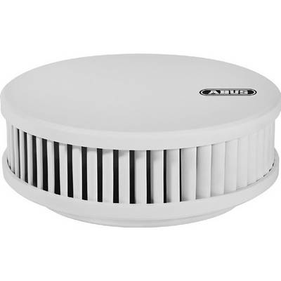 Een ronde, witte rookmelder met zijdelingse ventilatiesleuven en een Abus-logo bovenaan.