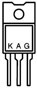 Een schakelschema toont een elektronische transistor met drie aansluitingen, aangeduid met 'K', 'A' en 'G'; het illustreert de pin-configuratie.