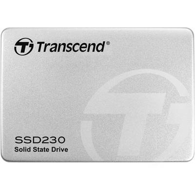 Zilveren SSD-schijf met 'Transcend SSD230 Solid State Drive' opschrift en een subtiel logo op de achtergrond.