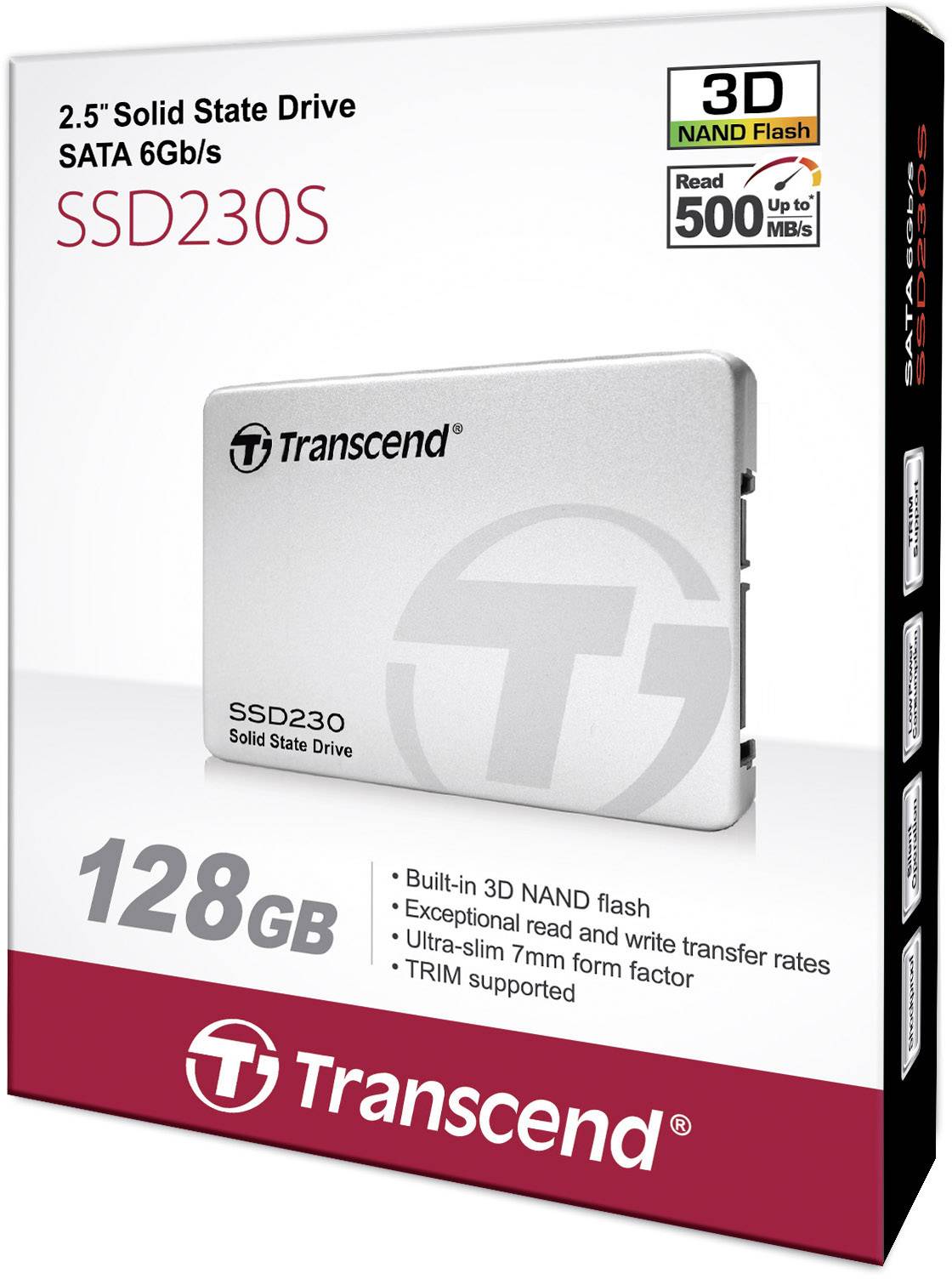 'Transcend SSD230S 128GB' Solid State Drive verpakking met 2,5 inch SATA 6Gb/s, 3D NAND Flash, leessnelheid tot 500MB/s.