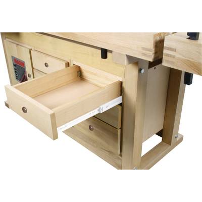 Te zien is een houten werkbank met meerdere laden. Eén lade is geopend en toont de eenvoudige geleiding.