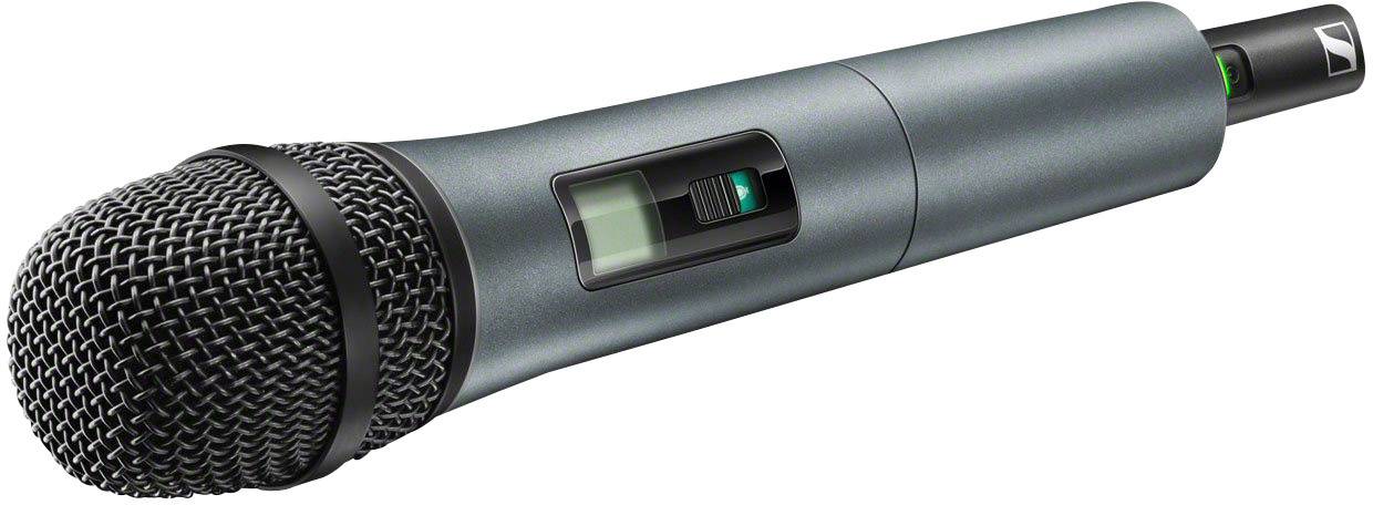 Een modern, draadloos microfoon met een metalen behuizing en een klein digitaal display aan de zijkant, liggend weergegeven.