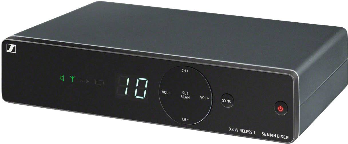 Een zwarte Sennheiser XSW 1 ontvanger met een digitaal display. Het display toont het getal '10'. Voorzijde met bedieningselementen.