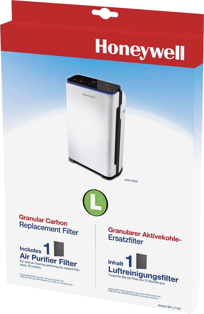 Een verpakking van Honeywell voor een granulaire actieve koolstof luchtzuiveringsfilter. De filterinhoud is voldoende voor maximaal 12 maanden.