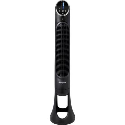 Zwarte torenventilator met LED-display en bedieningsknoppen bovenaan. Merk 'Honeywell'. Geschikt voor koeling in binnenruimtes.