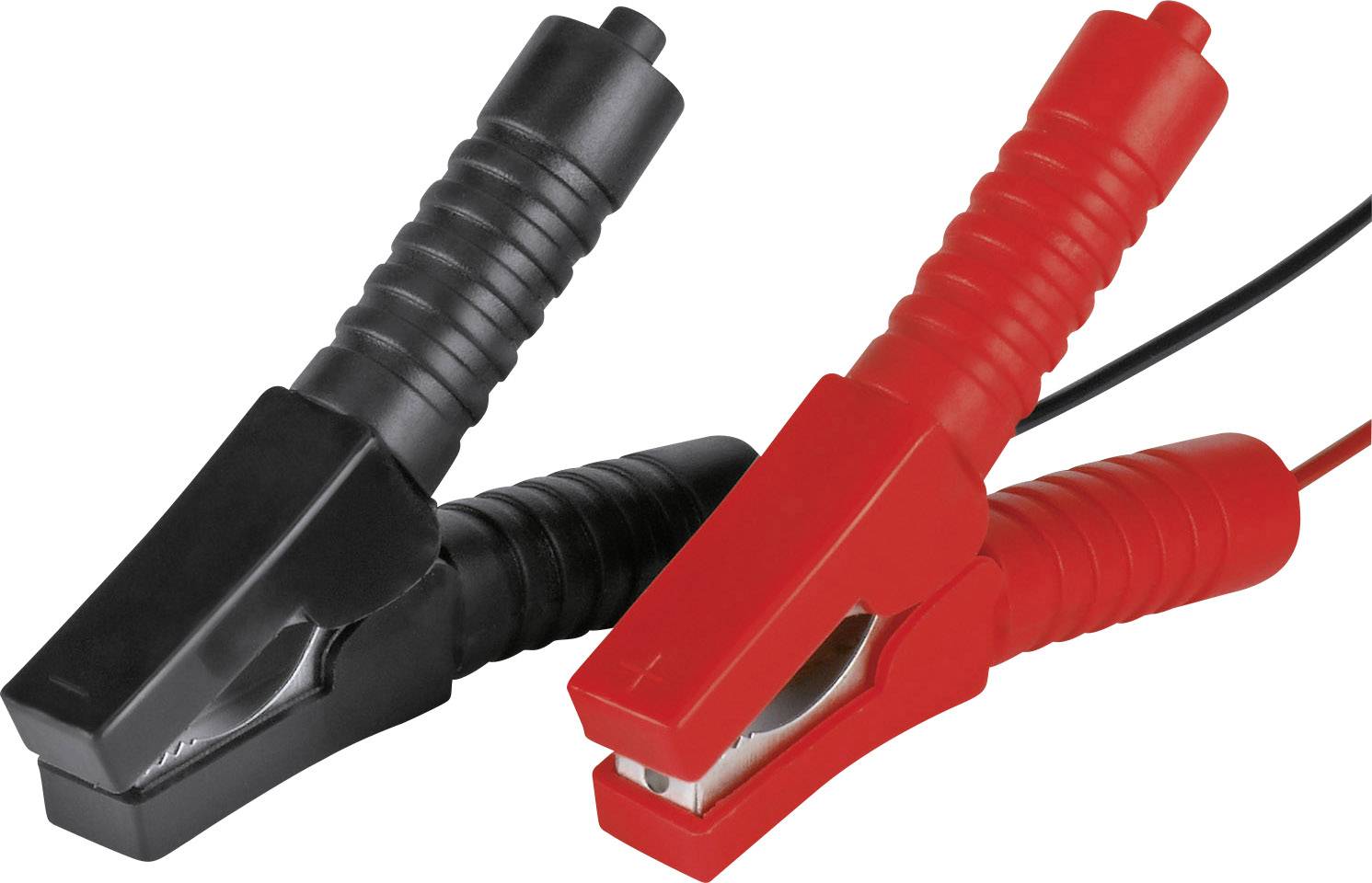 Twee gekruiste startkabels, één zwart en één rood, voor het verbinden van autobatterijen.