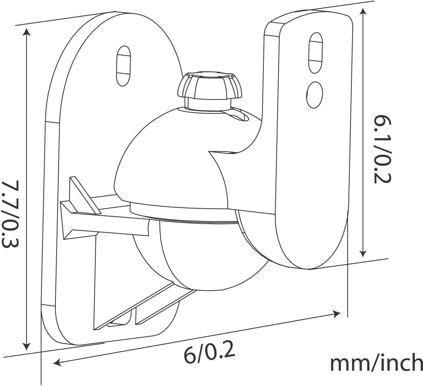 Tekening van een wandbeugel met afmetingen: hoogte 61 mm (2 inch), breedte 60 mm (2,4 inch), diepte 77 mm (3 inch).