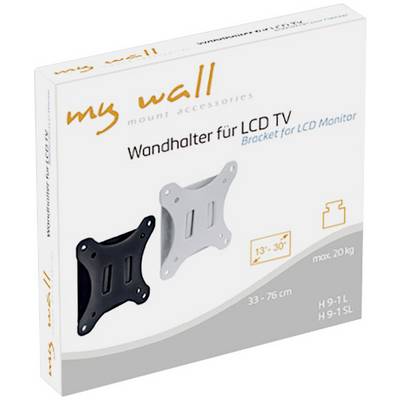 Verpakking met twee wandbeugels voor LCD-tv's en monitors in zwart en wit, geschikt voor schermformaten van 13" tot 30".