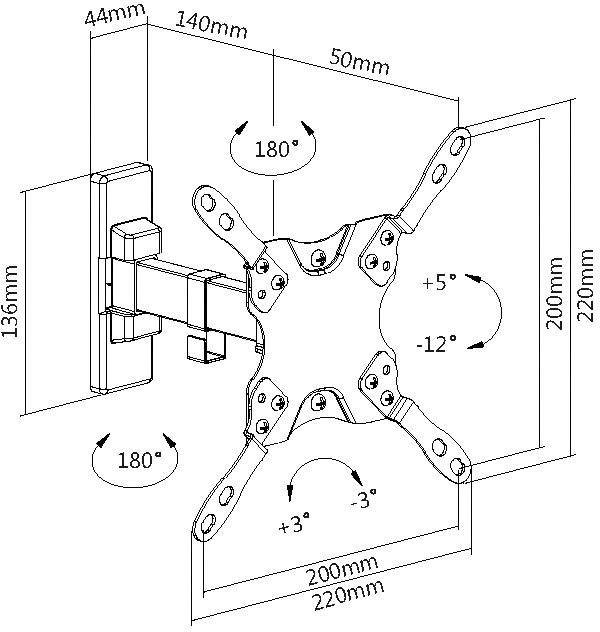 Diagram van een verstelbare tv-wandsteun met afmetingen: 135-220 mm uitschuifbereik, 180 graden draaihoek, kanteling van +5 tot -12 graden.