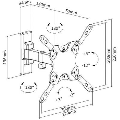 Diagram van een verstelbare tv-wandsteun met afmetingen: 135-220 mm uitschuifbereik, 180 graden draaihoek, kanteling van +5 tot -12 graden.