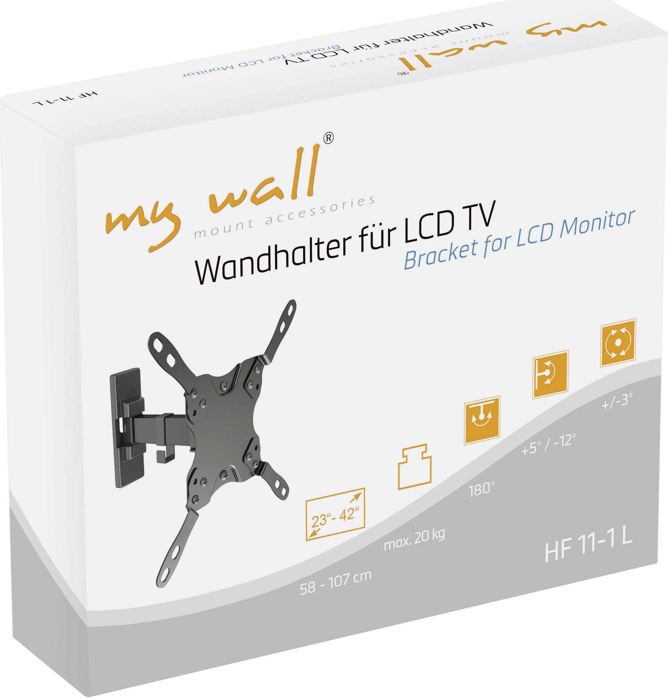 Verpakking van een wandsteun voor LCD-tv, geschikt voor 23-42 inch, met kantelbare en draaibare bevestiging, maximaal draagvermogen van 20 kg.