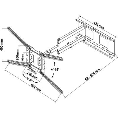 Wandsteun voor tv, toont afmetingen: 435 mm lengte, 400 mm hoogte, uitschuifbaar van 62-605 mm, met kantelhoek van +/-15°.