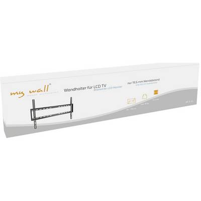 Verpakking van een wandsteun voor LCD-tv met montagehandleiding. Wandafstand 19,5 mm, draagvermogen 50 kg, compatibel met tv's tot max. 65 inch.