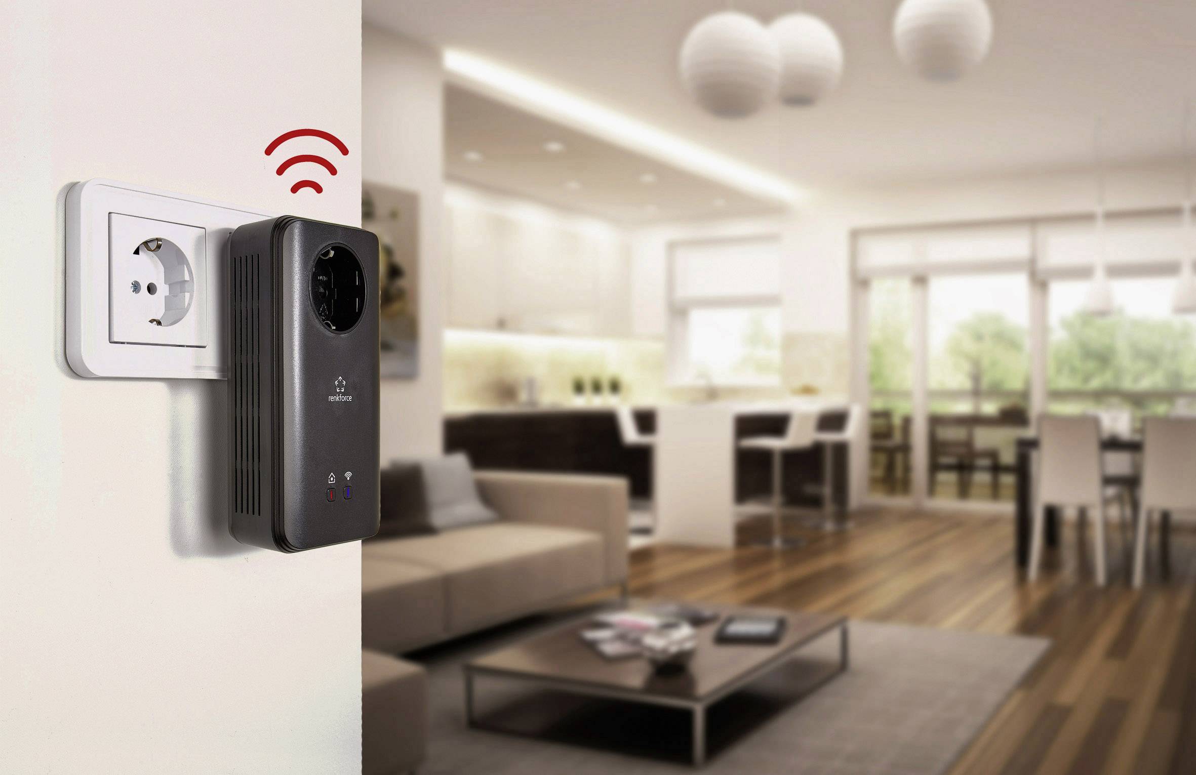 Een wifi-repeater is in een stopcontact in een modern woonkamer gestoken. Rode golvende lijnen duiden draadloos signaal aan.