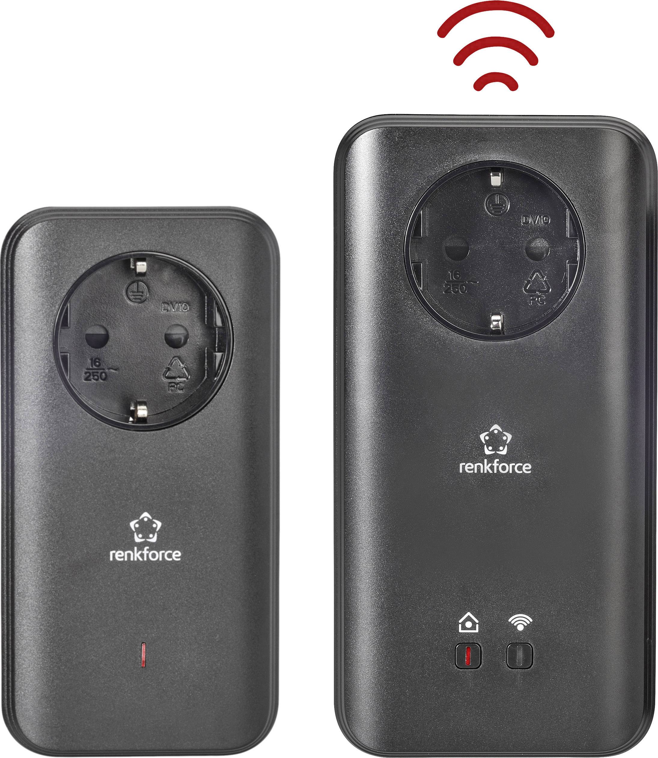Twee zwarte Powerline-adapters van Renkforce, waarvan één met geïntegreerd stopcontact en WiFi-symbool erboven, voor netwerkverbinding.