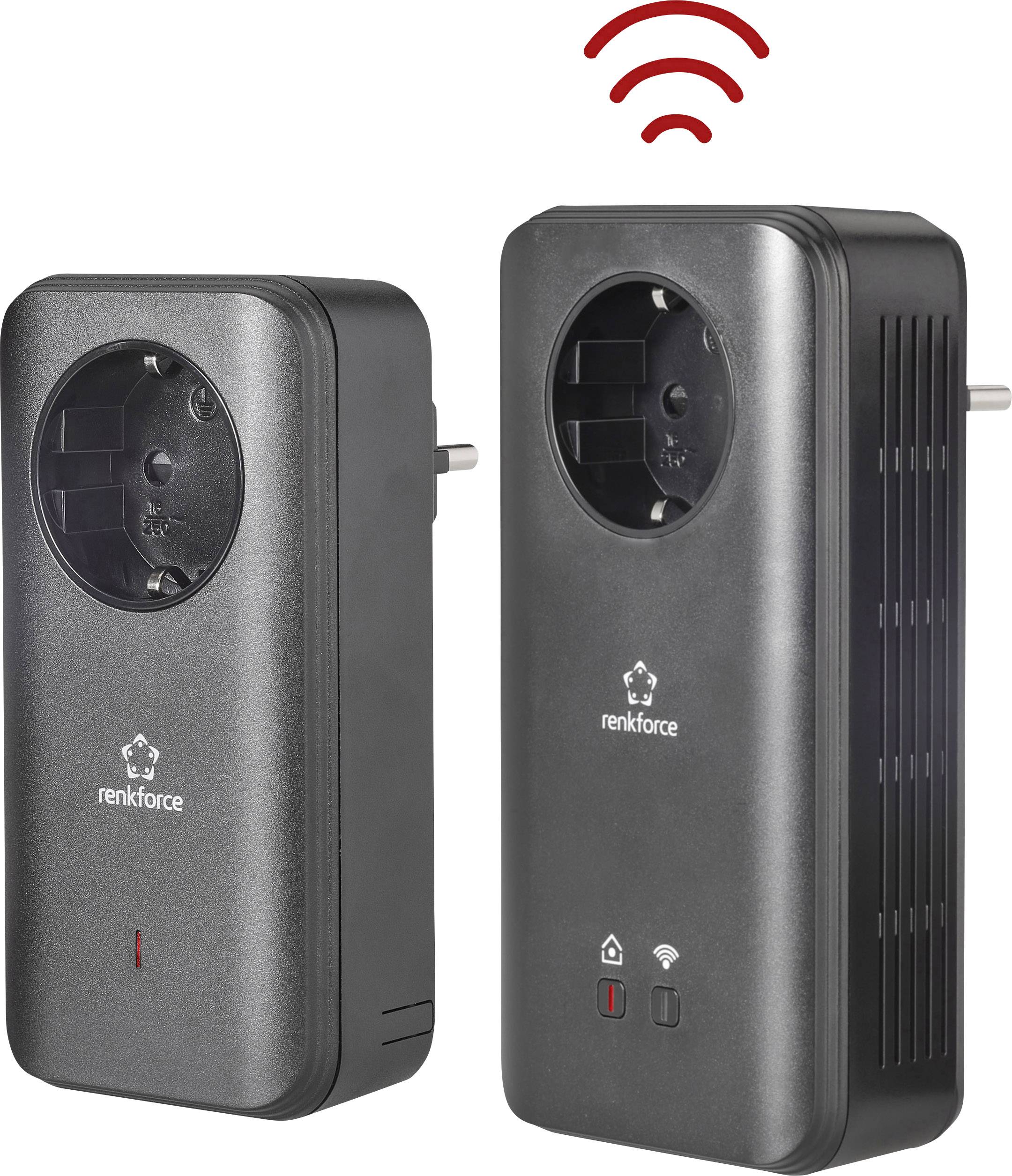 Twee zwarte Powerline-adapters van Renkforce voor draadloze internetverbinding. Eén hiervan toont een WLAN-signaal bovenaan.