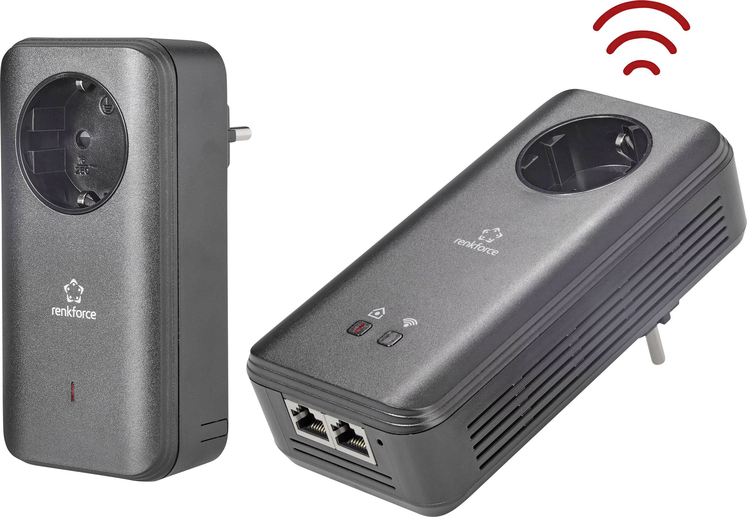 Powerline-adapterset van Renkforce voor uitbreiding van het thuisnetwerk via het elektriciteitsnet, met twee stopcontacten en Ethernet-poorten.