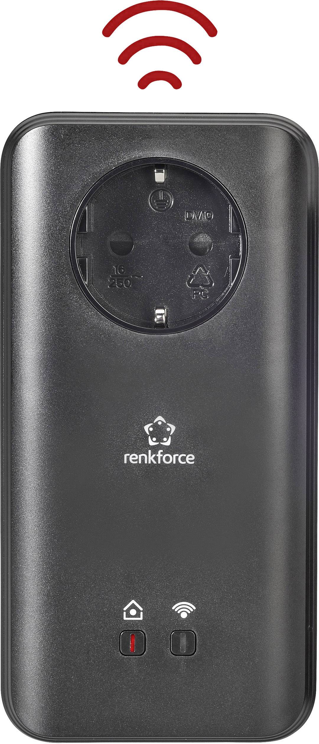 Stekkerdoos-adapter van Renkforce met WiFi-symbool bovenaan; maakt draadloze bediening van elektronische apparaten mogelijk.