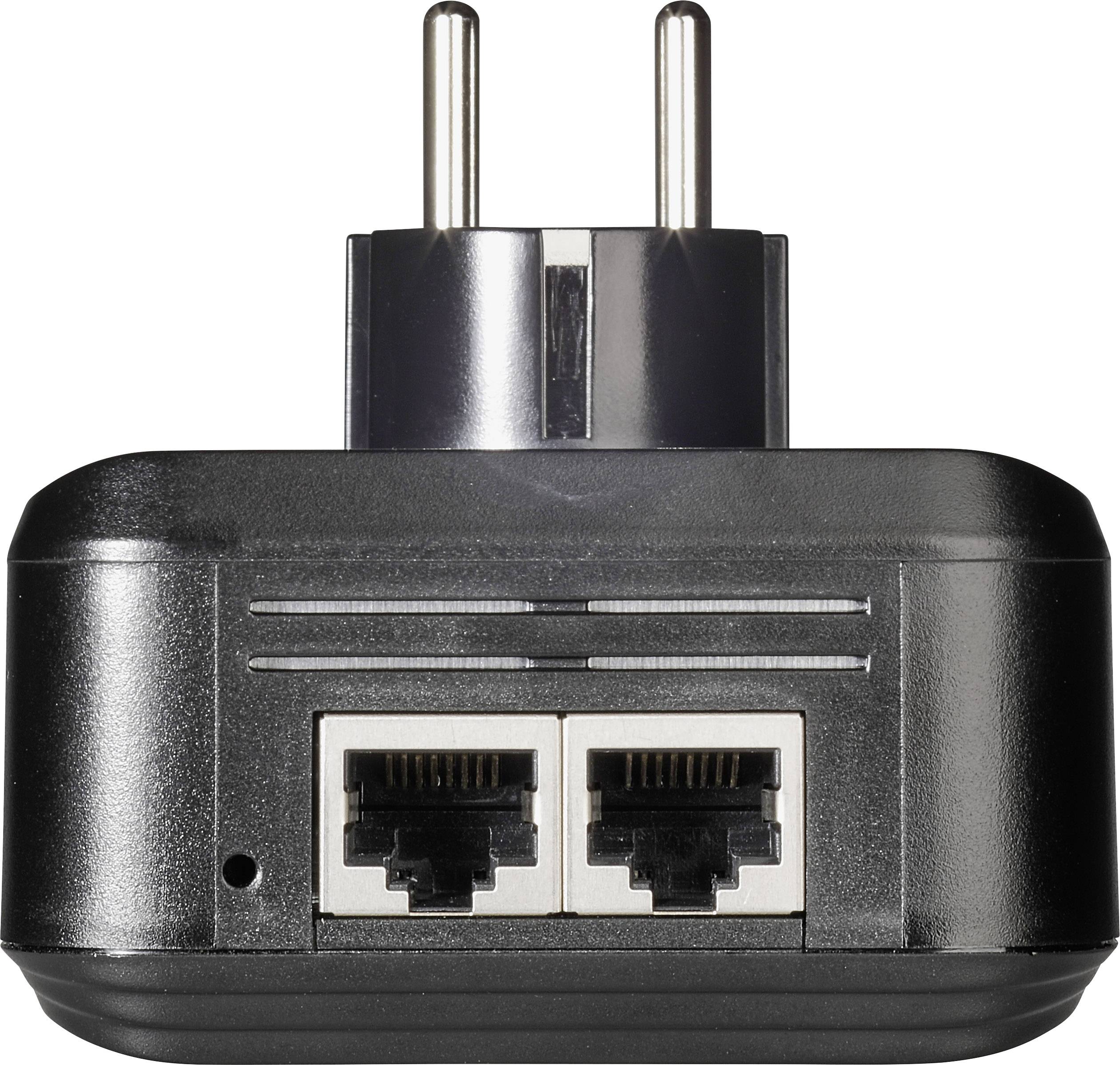 Zwarte netwerksadapter met twee Ethernet-poorten en Europese stekker, geschikt voor aansluiting op een thuisnetwerk.