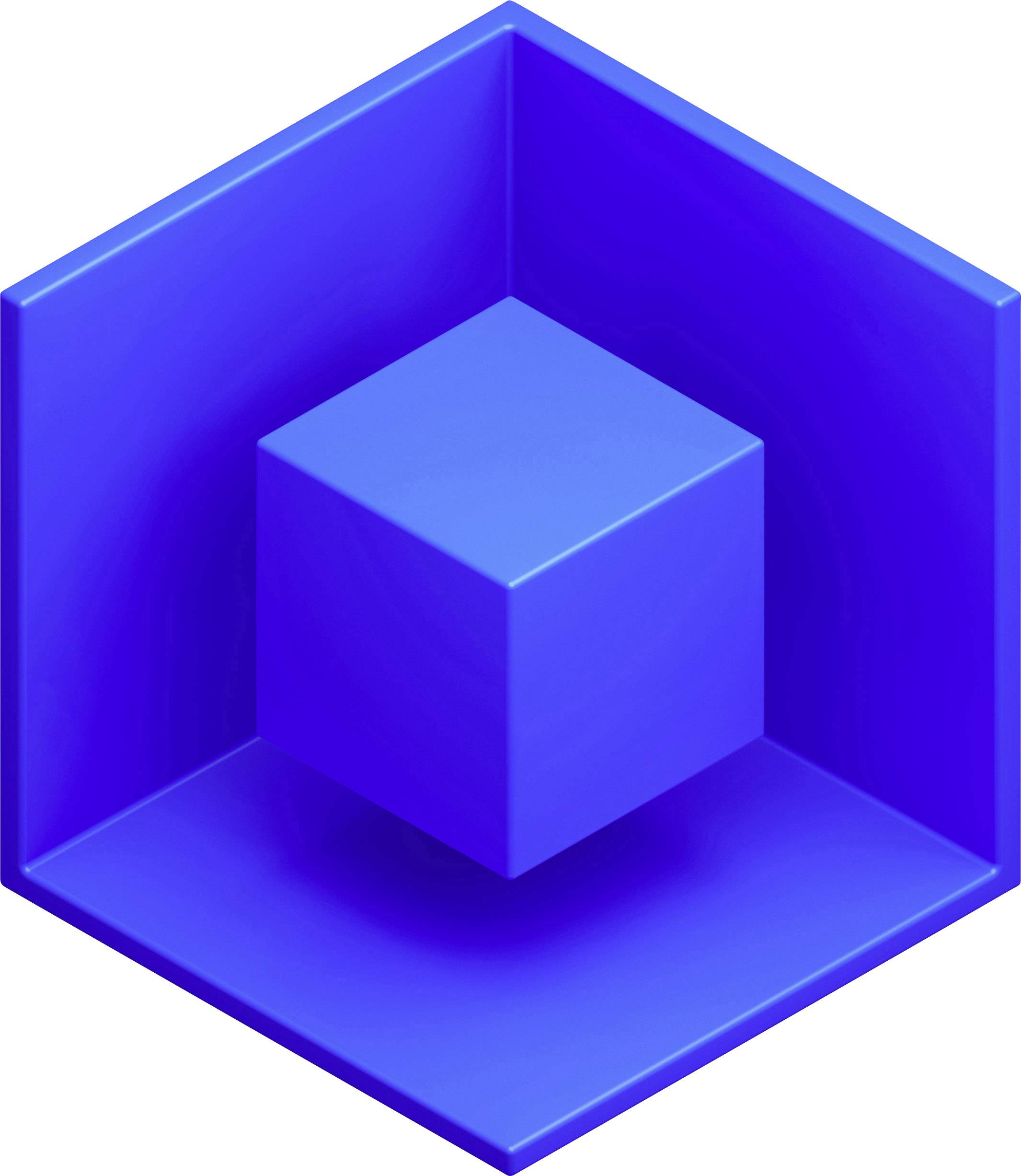 Blauwe, driedimensionale kubus in een zeshoekige lijst, symboliseert structuur en ruimtelijke diepte.