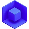 Blauwe, driedimensionale kubus in een zeshoekige lijst, symboliseert structuur en ruimtelijke diepte.